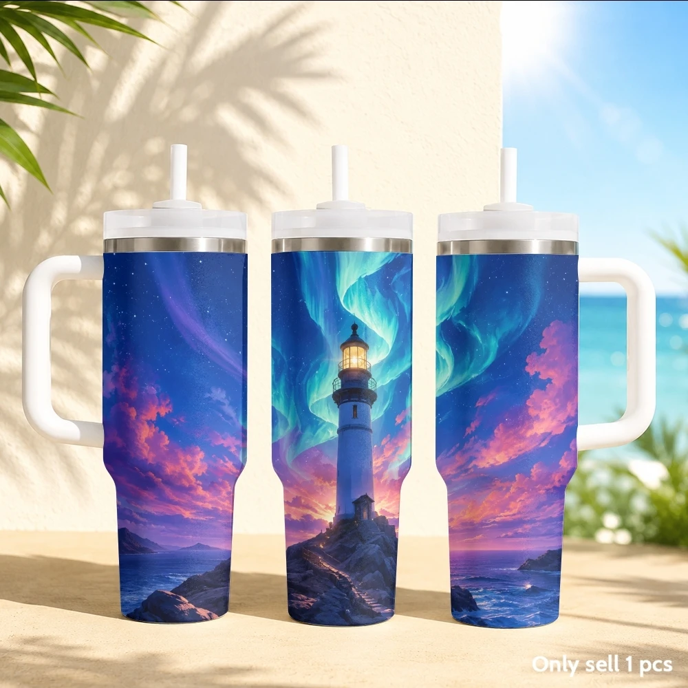 Aurora Lighthouse Vacuum Flasks 40oz Stainless Steel Insulated Tumbler with Handle & Straw Leakproof Travel Mug