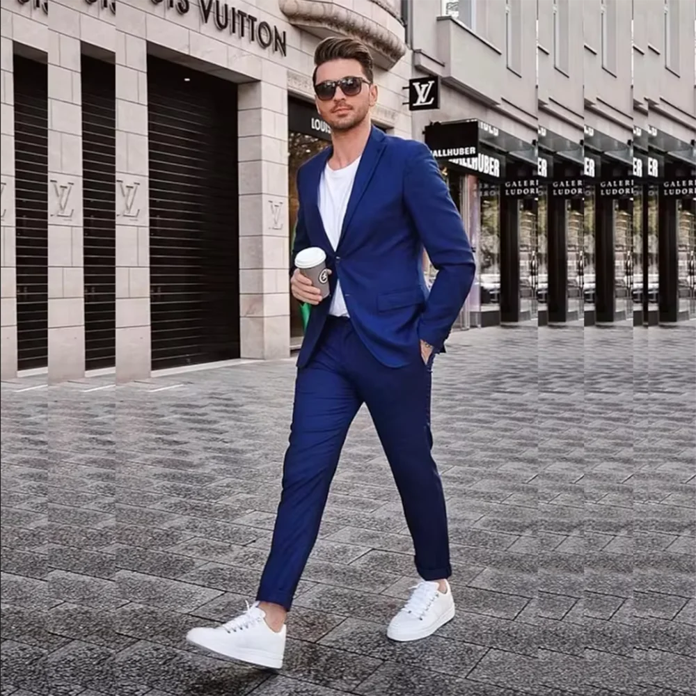 

Smart Casual Men Suits Full Set Blue Notch Lapel Single Breasted Prom Party Office Business 2 Piece Jacket Pants Slim Fit