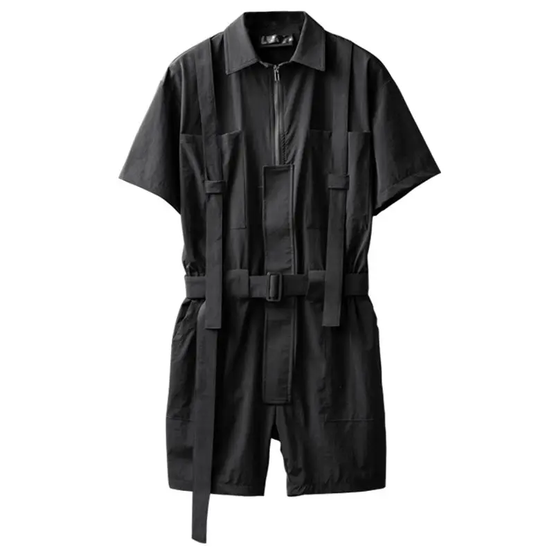 Men's solid color casual work suit, men's Korean loose fitting short sleeved all-in-one shirt, black five piece pants, men's