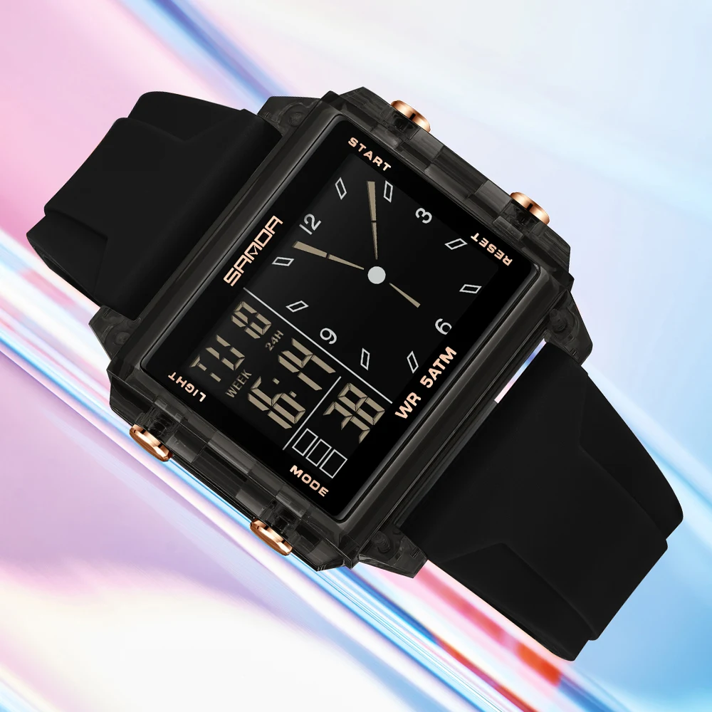 SANDA Fashion Electron Analog Watch for Men Women Waterproof Square Dial Count Down Timer Digital Wristwatch Man World Time