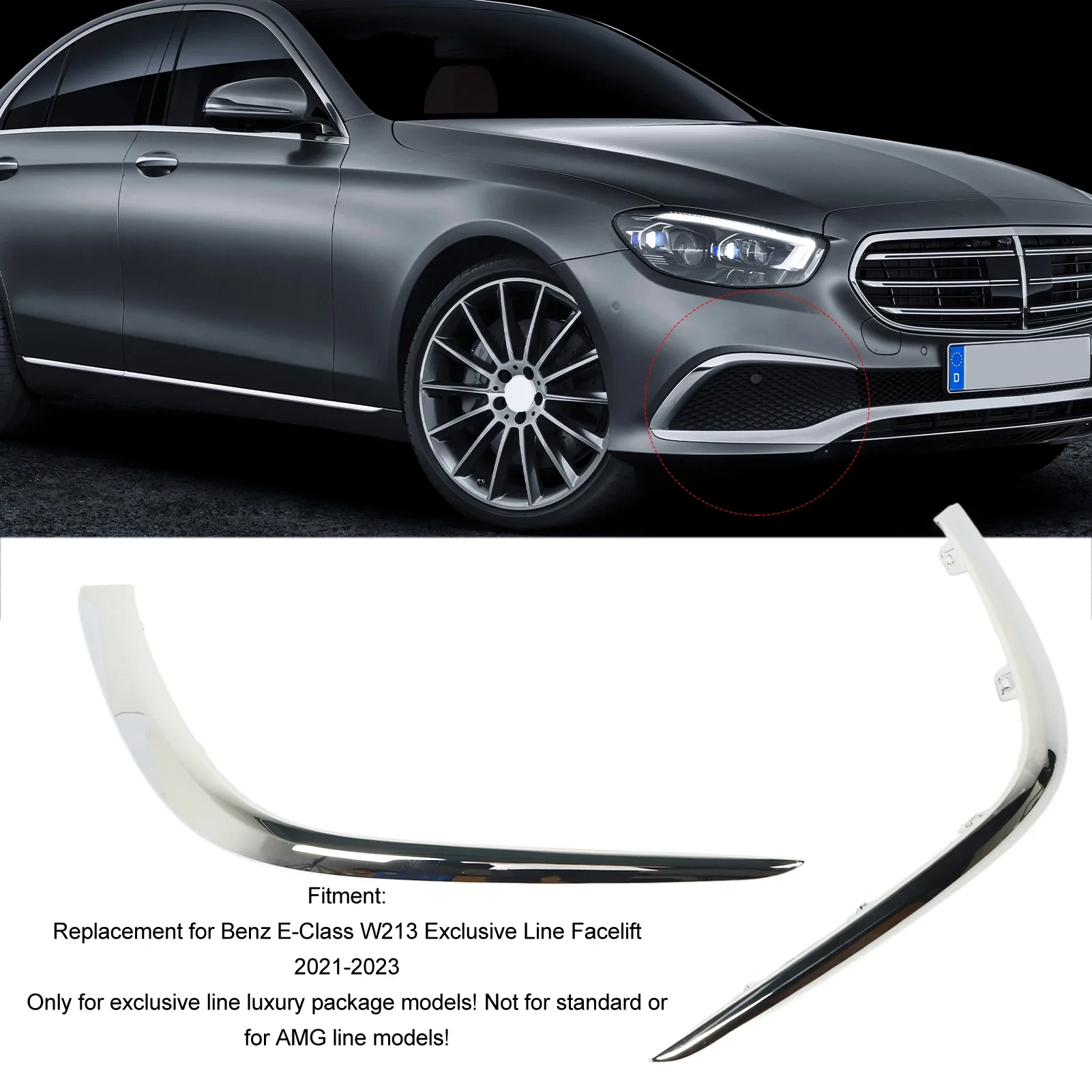 2pcs Lower Fog Grille Molding Trims Replacement For Benz E‑Class W213 Exclusive Line 2021 To 2023 Chrome 213 885 3703