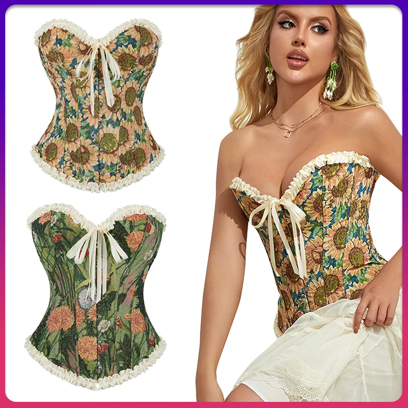 Women Beauty Bustier Top Korset Oil Painting Overbust Corset Sunflower Pattern Corselets