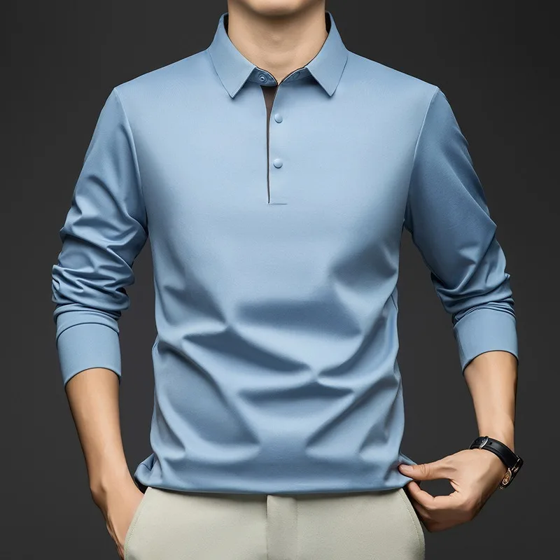 Men Mulberry Silk Blend Long Sleeve Polo Shirt Turn Down Collar Business Casual Solid Color T Shirts For Middle Aged Men