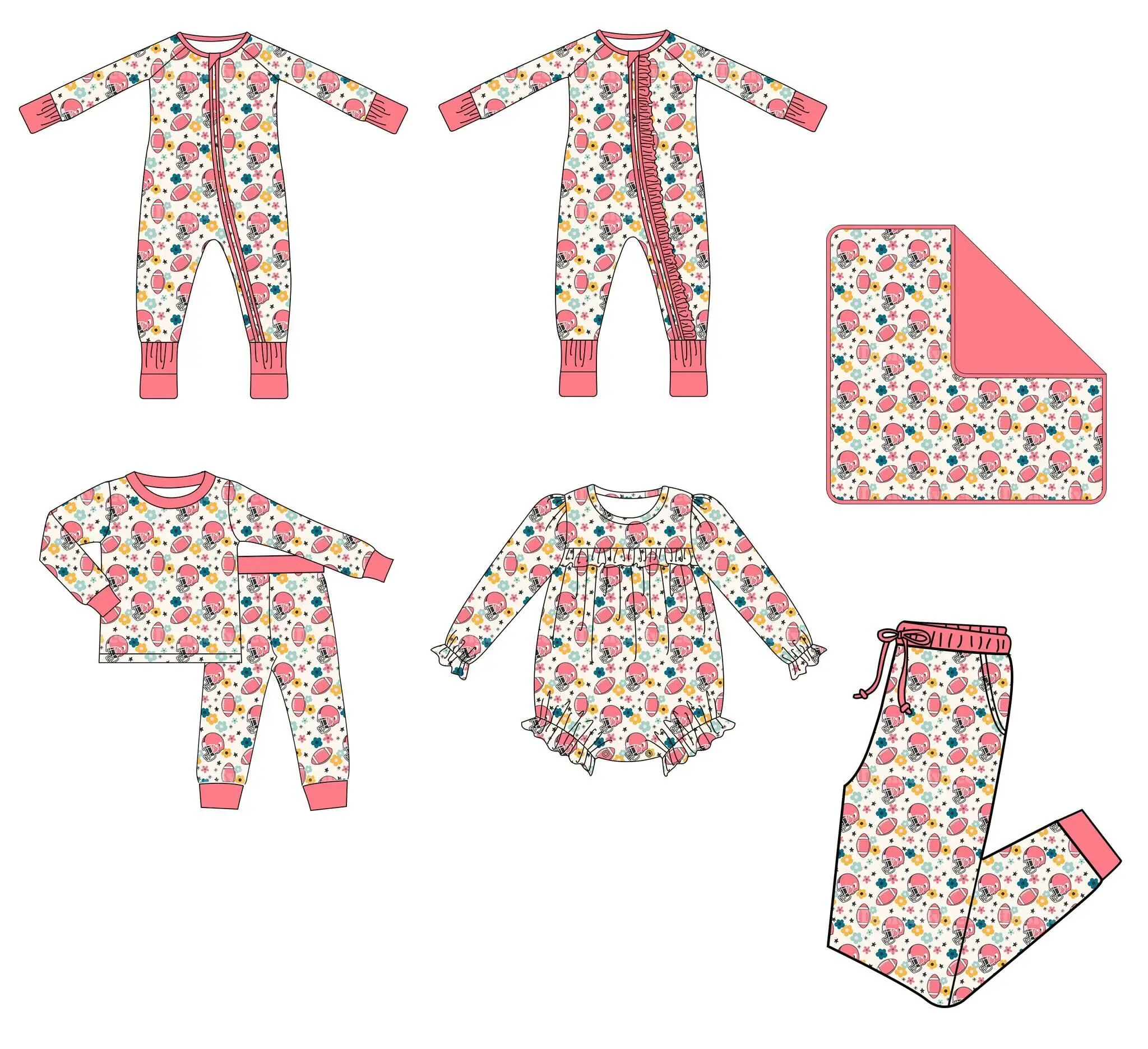 New boutique children's set long sleeve hat olive pink flower print trousers boys girls pajamas suits baby zip jumpsuit blanket