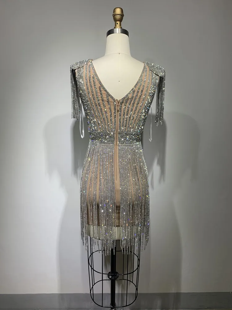 Robe à Franges et Diamants pour Femme, Col en V, Mini Paillettes, Costumes de Scène, de Soirée, de Club, de Luxe