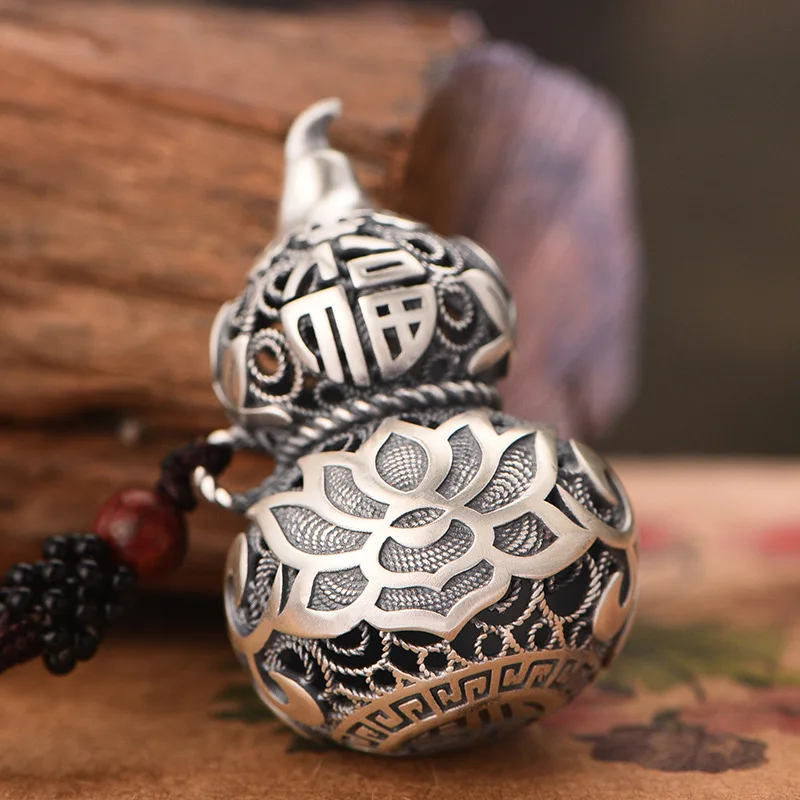 925 Silver Exquisitely Carved Hollow Out Lotus Flower Pendant Fashion Vintage Chinese Style Gourd Necklace for Women Jewelry - Image 3