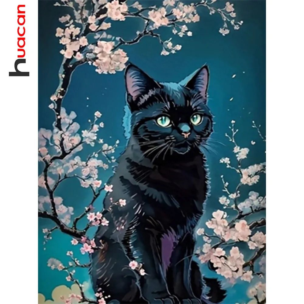 Huacan Diamantmalerei Kirschblüte Schwarze Katze Diamant-Mosaik Tier Blume Neu 2026 Dekorative Gemälde