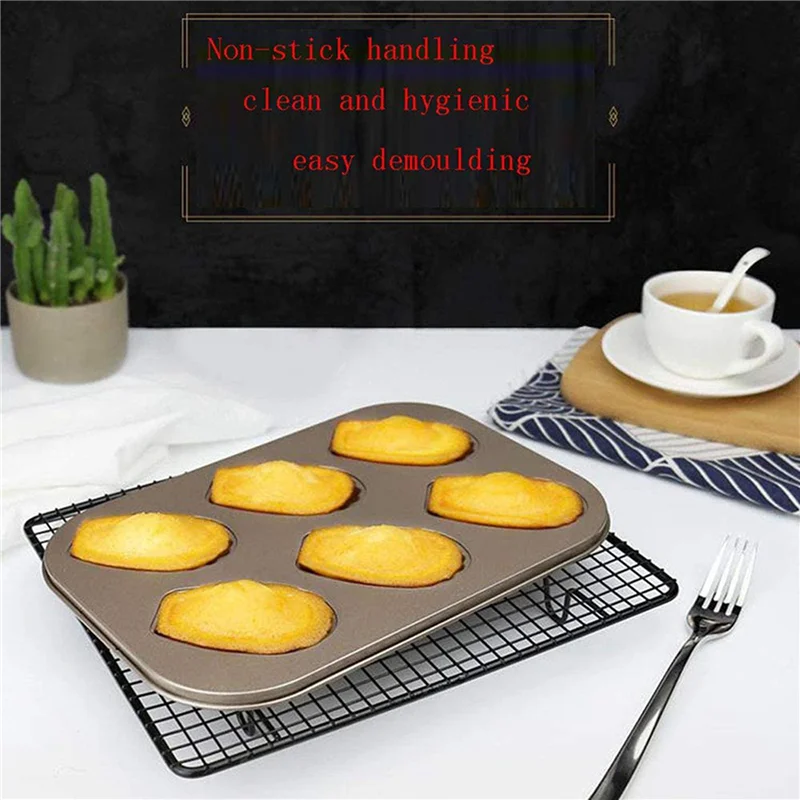 

6 Pack Madeleine Mold Cake Pan, Non-Stick Heavy Duty Shell Madeline Bakeware For Oven Baking (Gold)