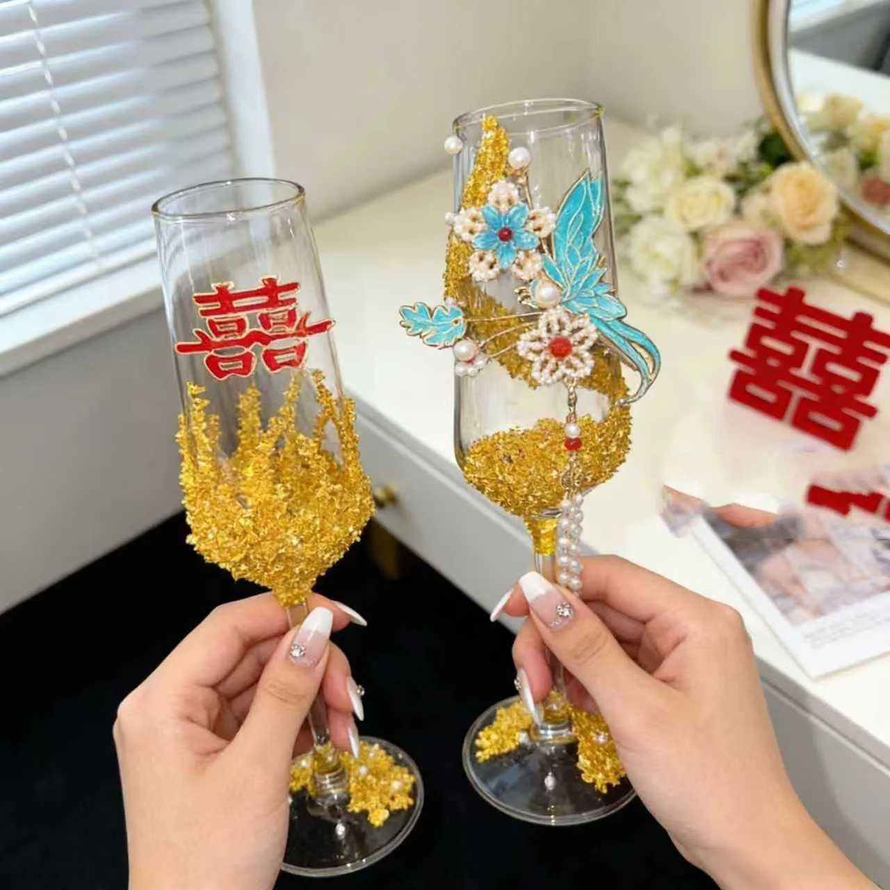 xx-2PCS Diamond Pearl Butterfly GlassToast Cup Gifts Box Decoration Champagne Cocktail Brandy Glasses Ornaments Wedding Gifts