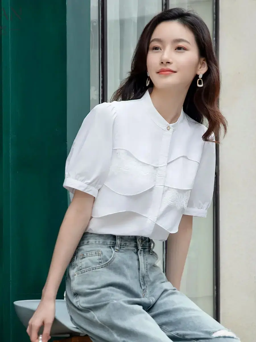 

Korea Shirt Elegant Loose Spring Autumn Shirt Stand Collar Puff Elastic Sleeve Fashionable Long Sleeve Blouse Blusas Para Mujer