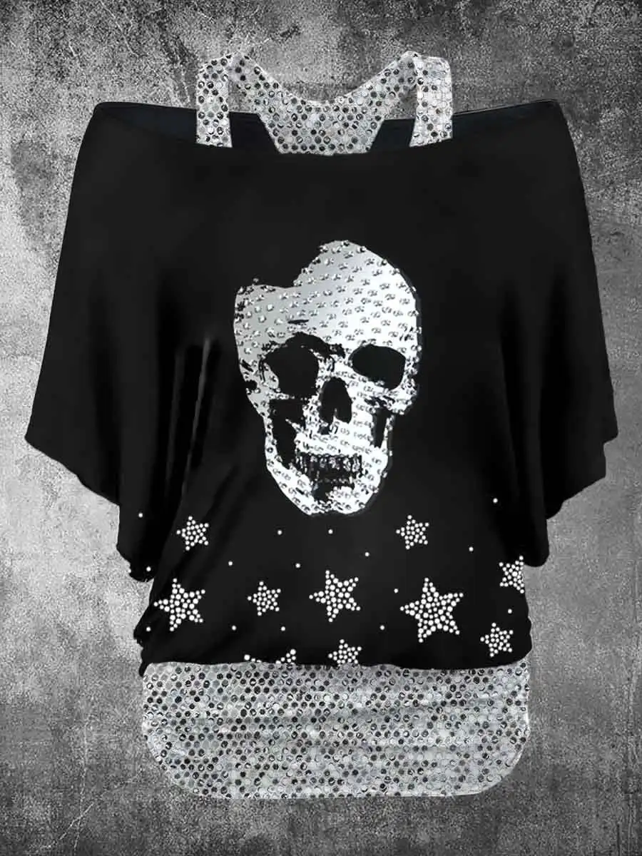 PLstar Cosmos 3D Printed Horror Skull Pattern Faux Two-Piece Top Women's Casual T-Shirt Harajuku Streetwear