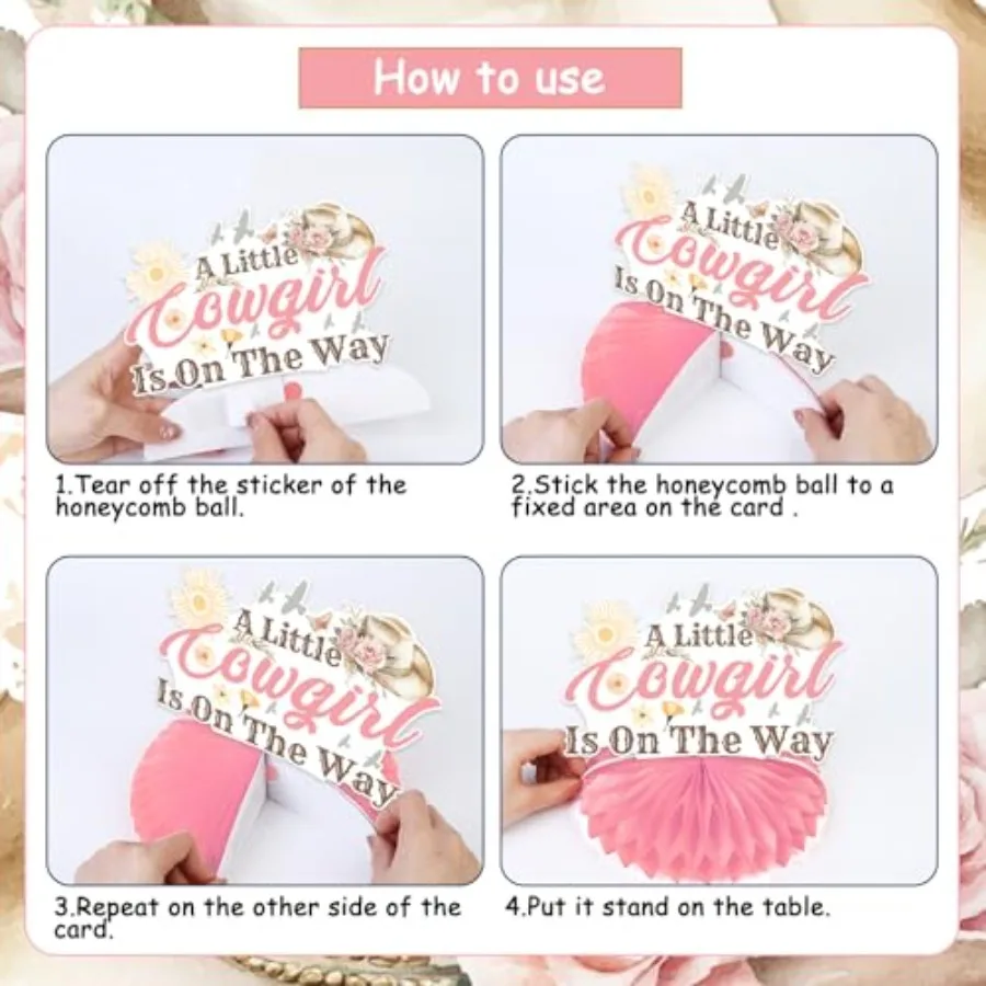 카우걸 베이비 샤워 장식 8개 세트 서부풍 '작은 카우걸이 온 길다' 허니콤 센터피스 핑크 플로럴 테이블 토퍼