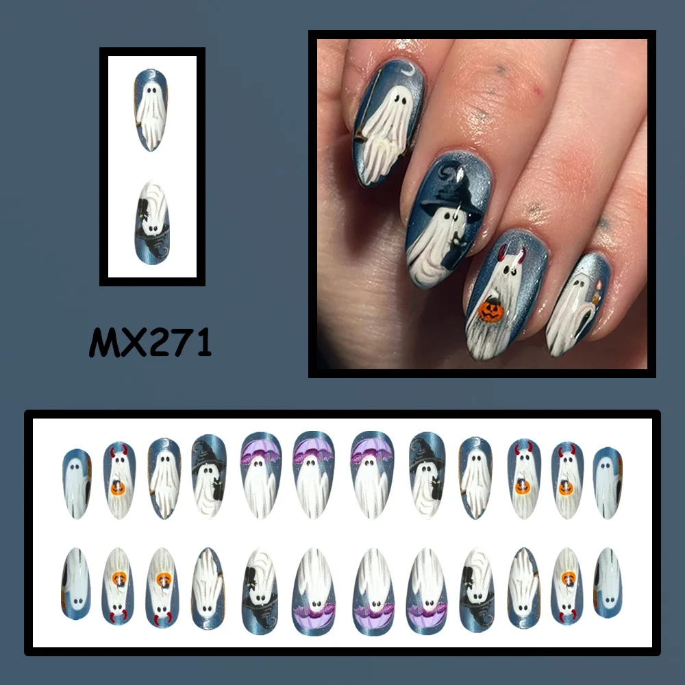 24pcs Halloween Nail Art Ghost Cat Eye Almond Press On Nails Cute Pumpkin Witch Design Fake Nails with 1 Jelly Glue 1 Nail File - view 2