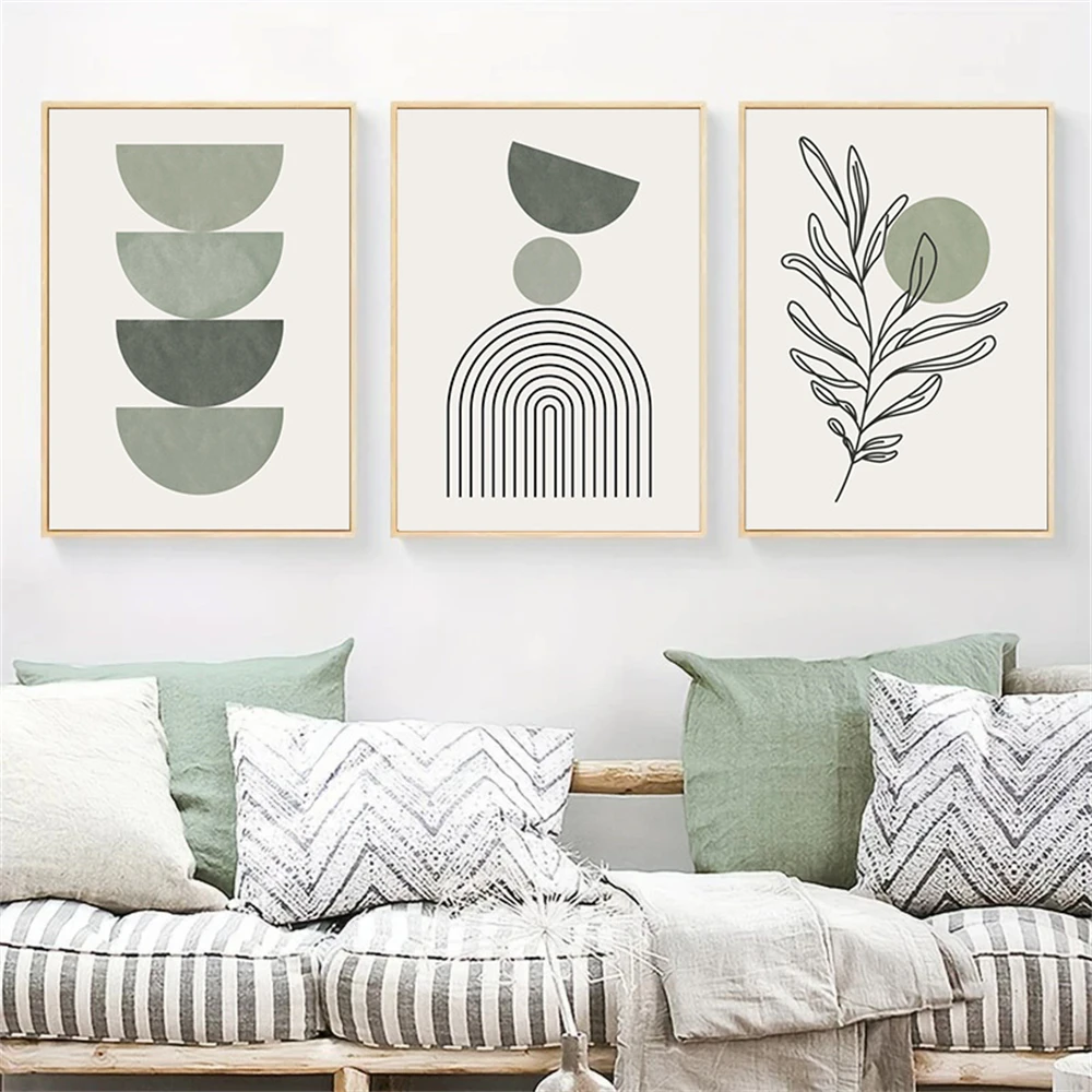 

Green Bohemian Abstract Wall Art Poster Minimalist Leaf Boho Geometric Botanical Canvas Painting Print Picture Modern Home Decor