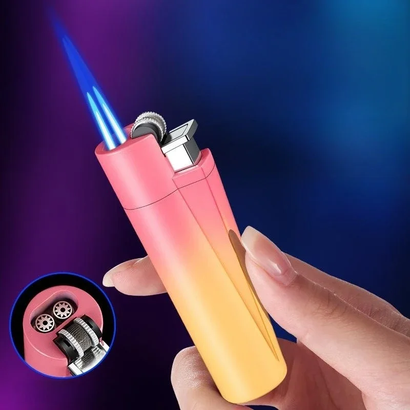 2023 New Portable Lighters Compact Dual Flame Butane Torch Lighters Grinding Wheel Windproof Metal Igniters Smoking Accessories