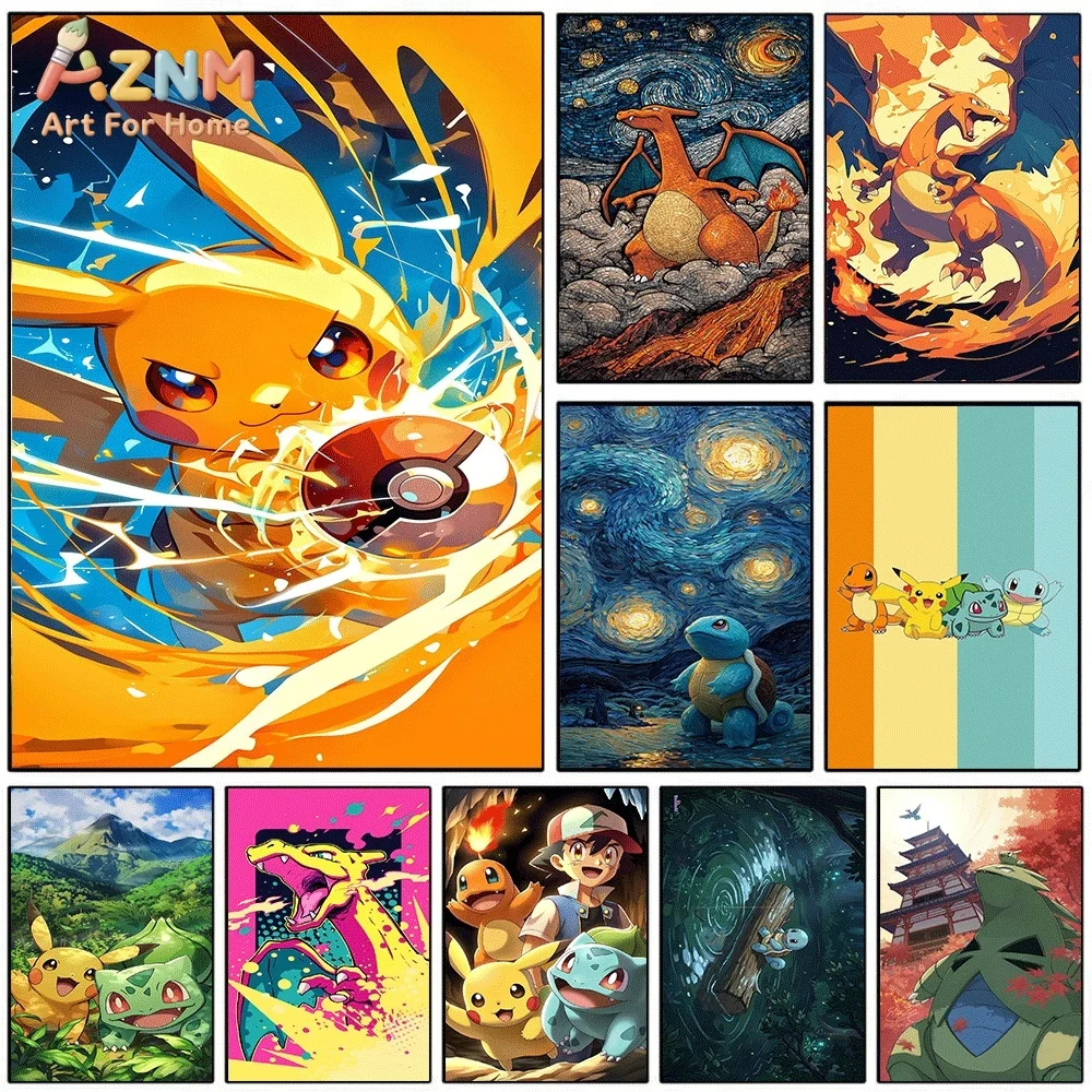 AZNM Pikachu Electric‑Type Anime Creature Lightning Burst Canvas Wall Print, Pokemon Game Art Poster, Unframed Canvas Painting