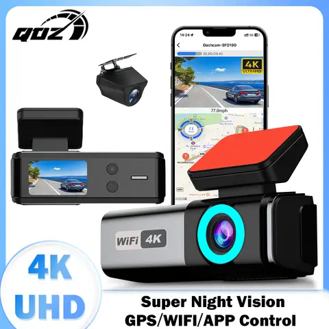 GPS WiFi 24h 주차 루프 기록 4K 전면 및 1080P 후면 듀얼 렌즈가 장착된 자동차 카메라 야간 투시경용 QOZ UHD 4K 대시 캠