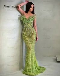 High Fashion Sparkle Green Pearls Beaded Long Evening Dresses Sexy Sleeveless Illusion Glitter Night Prom Gowns Custom Made