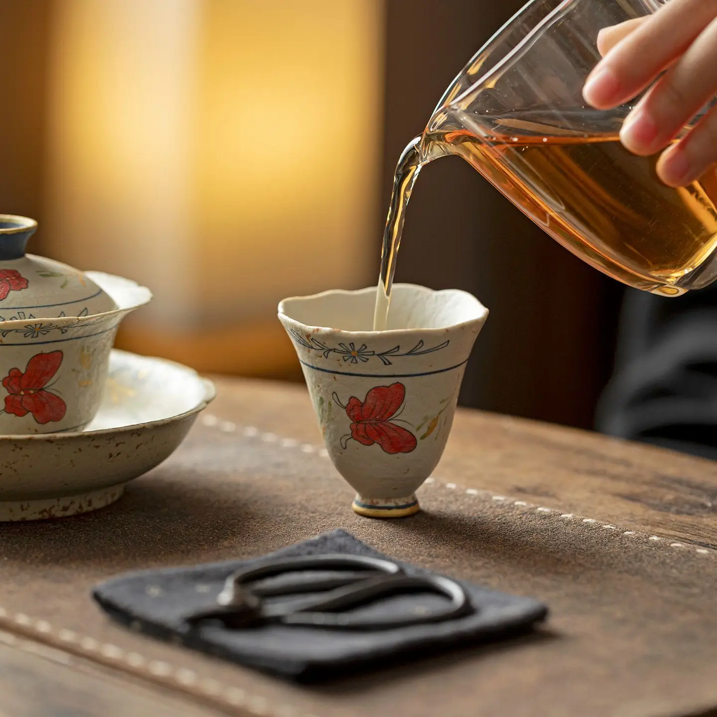 Blue and White Fire Stone Red Caramel Glaze Pure Hand Drawing Orchid High Foot Flower Mouth Tea Cup Household Savoring