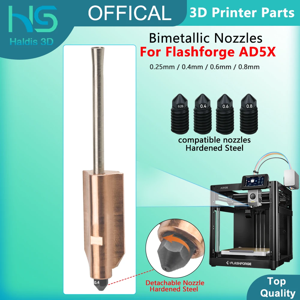 For Flashforge AD5X Bimetallic Hardened Steel Nozzles 0.25mm 0.4mm 0.6mm 0.8mm New Upgraded Detachable Nozzle 3D Printer Parts