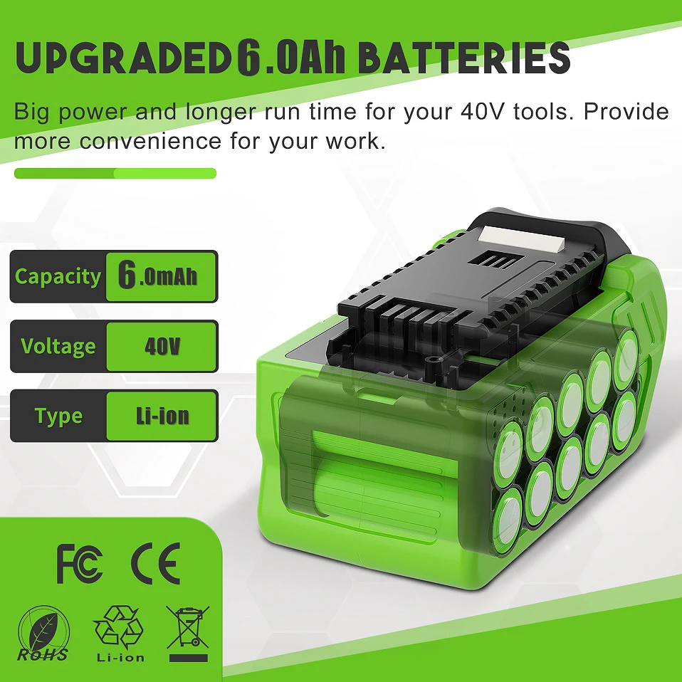 For Greenworks 40V 6Ah Gmax Cordless Hedge Trimmer Battery Used For String Trimmer Pruning Shear Lawn Mower Power Tools