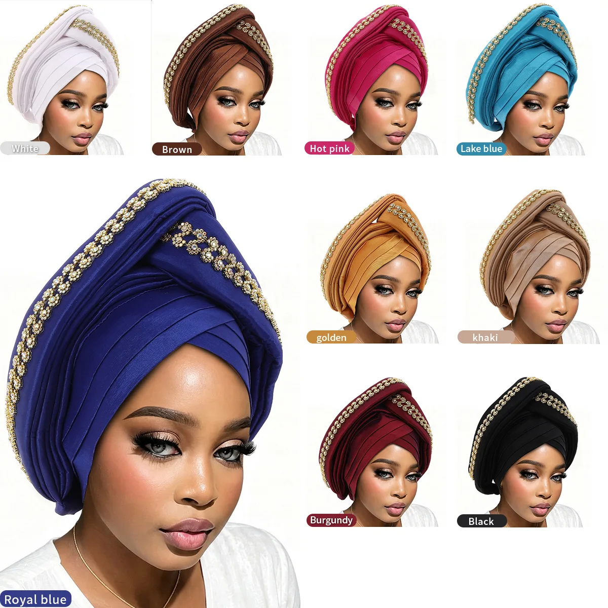Luxury Diamonds Pleated Turban Cap for Women Headband Hat African Headscarf Auto Gele Muslim Hijab Bonnet Head Wrap Headpiece