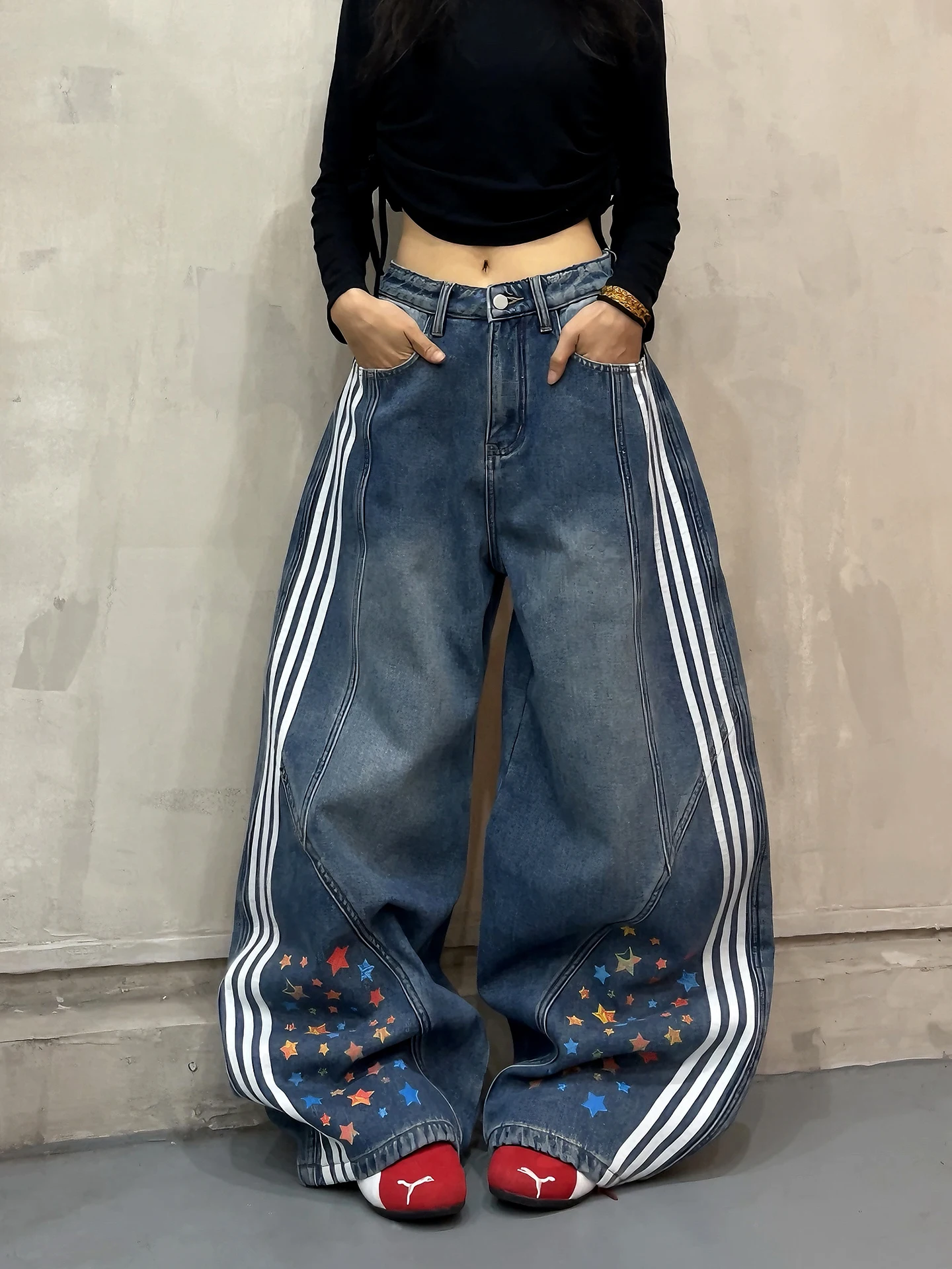

Джинсы DoubleD American Waed Fce с широкими штанинами и подкладкой, женские, с полосками и звездным принтом, повседневные, удобные, дышащие, из синего денима