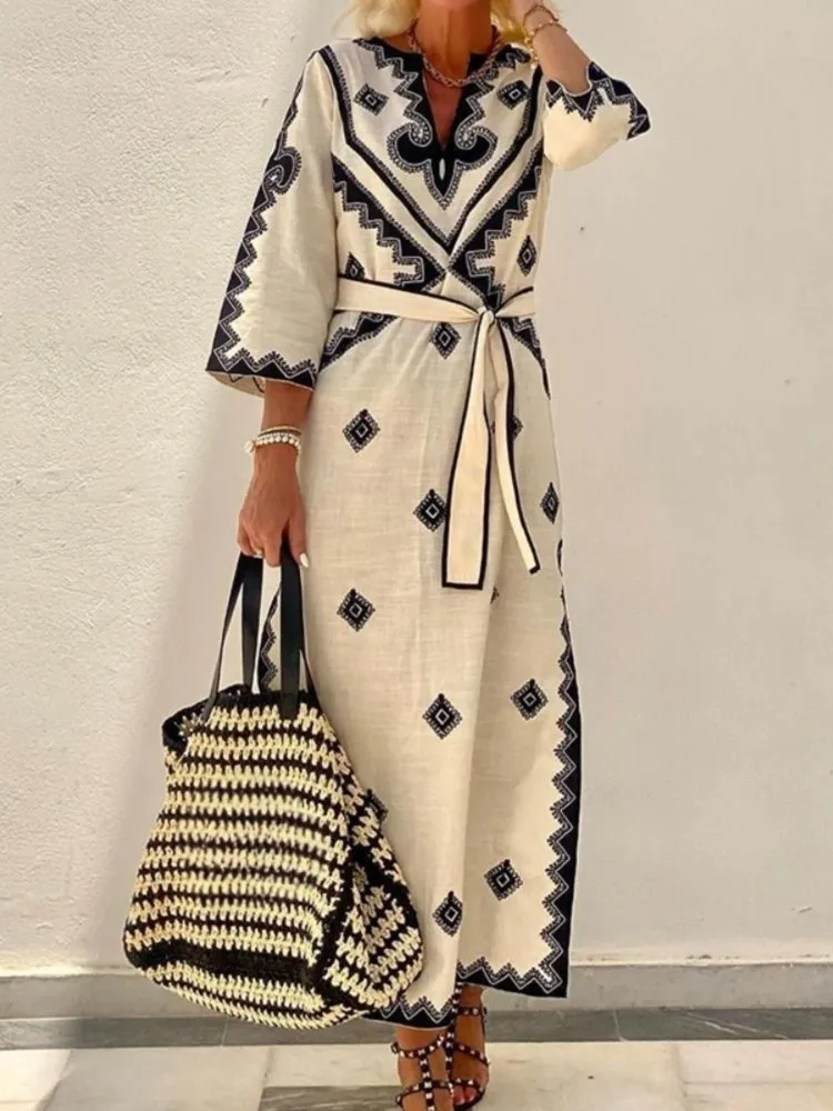 2025 المرأة ربيع الخريف موضة جديدة ريترو هندسية فستان مُزين بطباعة الخامس الرقبة حزام عادية فضفاض نصف كم بوهو فساتين أنيقة #4