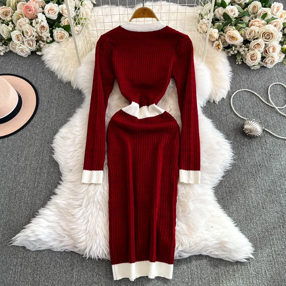 Chic O-neck Elegant Long Sleeve Metal Buttons Slim Patchwork Knit Dress High Street Women Vintage Korean Autumn Winter Clothing