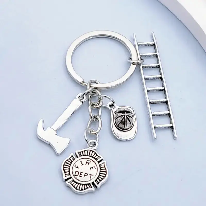 Stylish Firefighter Keychain - Durable Zinc Alloy With Safety Helmet, Axe & Ladder Design - Perfect Backpack Accessory For Men