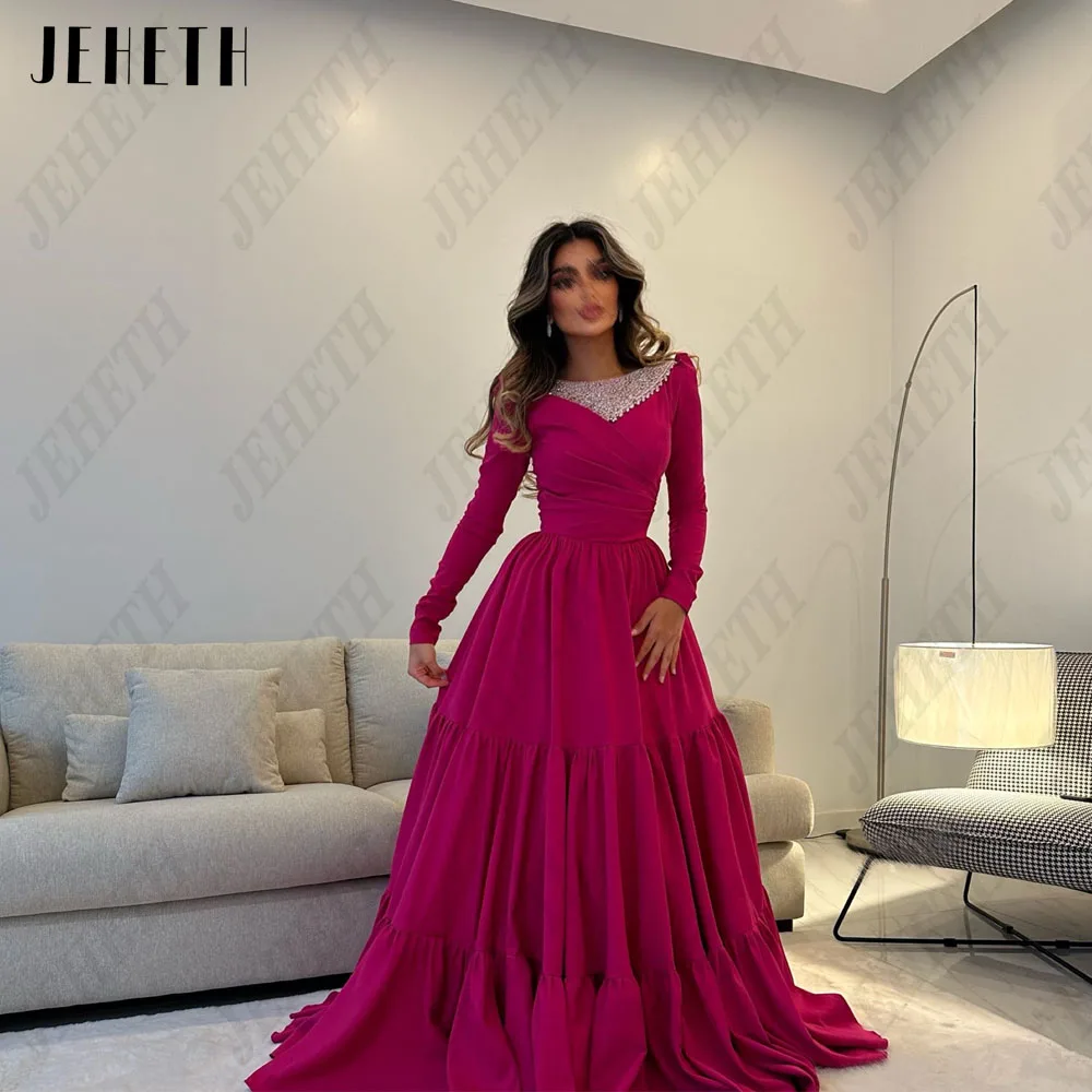 Jeheth Hyundai vestido de noche femenino de manga larga vestido de baile JEHETH-Vestidos de Noche modernos de manga larga para mujer, vestido de graduación con cuello redondo rosa roja, satén de Arabia Saudita, línea A