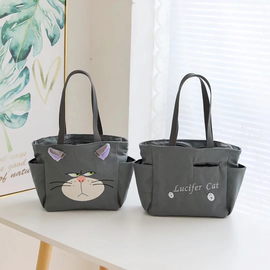 ZU 1pcs Cinderella Cat Lucifer Plush Backpack Cartoon Cute Canvas Shoulder Bag for Shopping Lunch Time