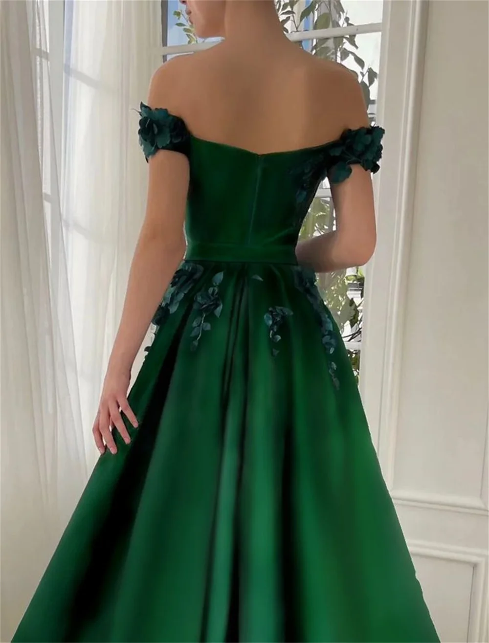 Amanda Green Satin Prom Gown Off the Shoulder A-line Evening Formal Elegant Sleeveless Floor-Length Side Split Party Dresses