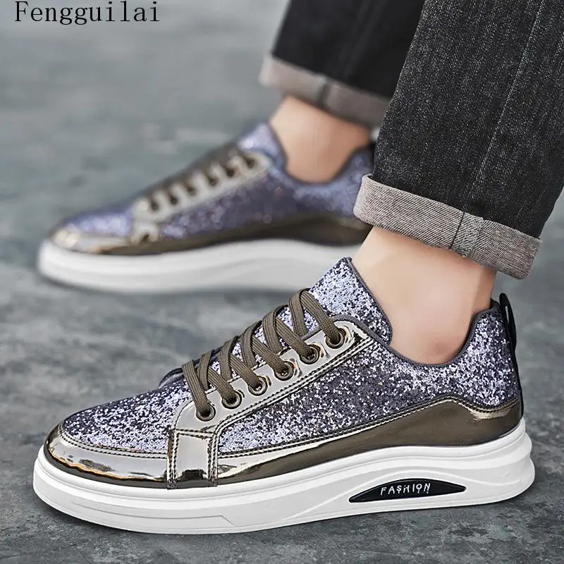 Men's Gold Glitter Sneakers Metallic Shiny Platform Casual Shoes Lace Up Thick Sole Fashion Party Stage Walking Shoes