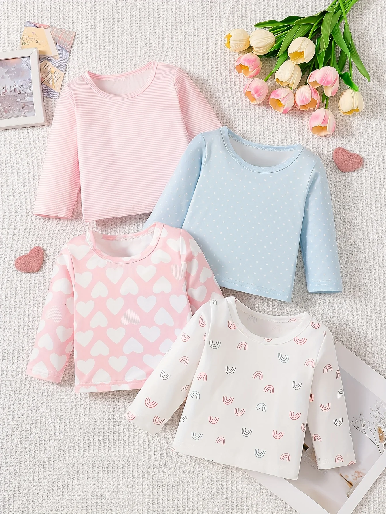 

Весенне-осенние футболки из 4 предметов для маленьких девочек: подарок на День святого Валентина и день рождения — милый удобный круглый вырез с деталями в форме сердца