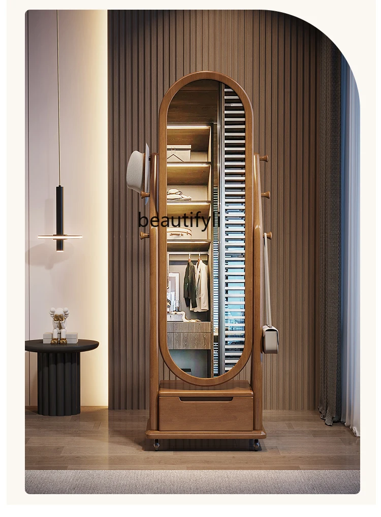 

Solid Wood Full-Length Mirror Floor Mirror Household Bedroom Rotating Movable Full-Length Mirror with Clothes Rack Integrated