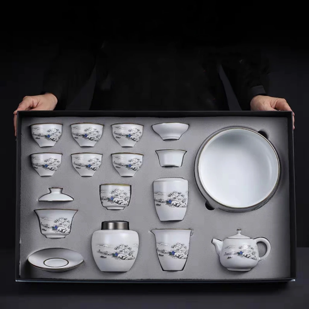 Ru kiln tea set Kung Fu tea set Jingdezhen ceramic home office Chinese teacup teapot high-end gift box