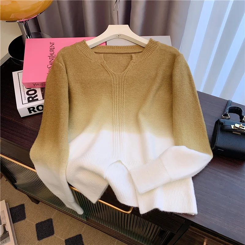 French elegant gradient color V-neck ladies knitted sweater autumn long sleeve gentle fashion pullover short sweater