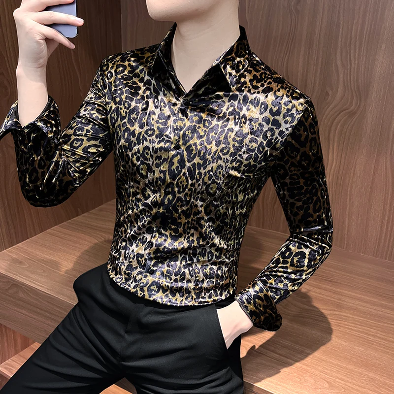 

2025 Leopard Print Men's Shirt Long Sleeve Casual Business Formal Dress Shirts High Quality Social Party Tuxedo Blouse Tops