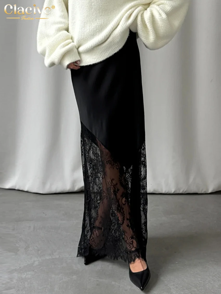 Clacive Fashion Loose Black Satin Patchwork Women Skirt Casual High Waist Ankle Length Skirts Elegant Classic Skirt Female Cloth