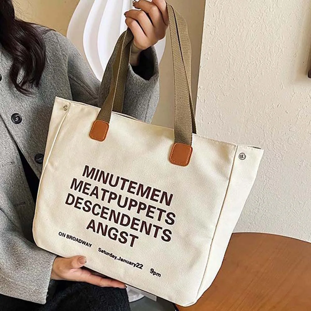 

Casual Canvas Shoulder Bag Magnetic Button Japanese Style Large Capacity Tote Bag Soft Contrast Color