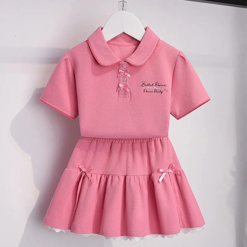 2026 SUMMER child set Girls Clothes sport tracksuit teenager bow striped T-shirt top + Pleated skirt pant 4 5 8 9 10 11 12 years