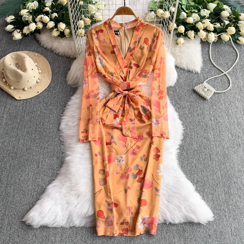 Vrouwen Mid Lengte Jurk Jurken Slanke Bodycon Vestidos Streetwear V-hals Volledige Mouw Elegante Splice Y2k Werk Schede Party Night