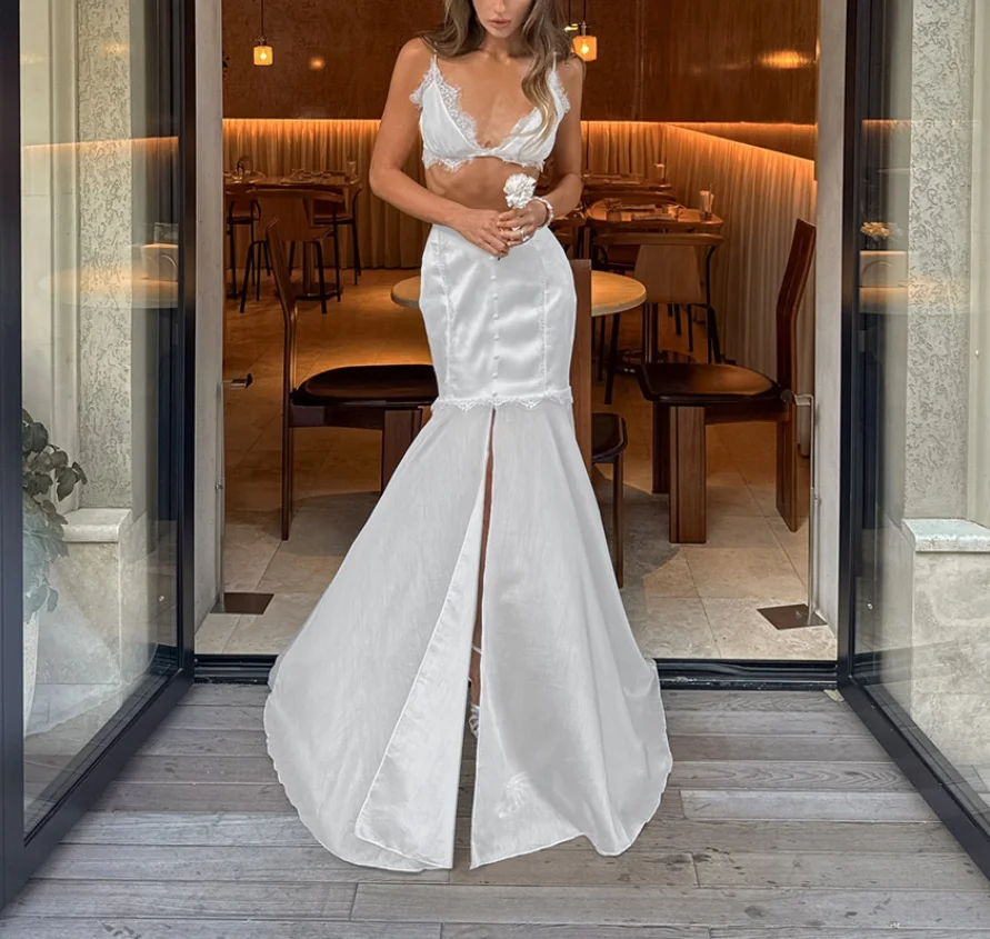 

Elegant Sexy Fashiona Banquet Women's 2-Piece Solid Color V-Neck Lace Patchwork Camisole Top High Waisted Fish Tail Skirt Set