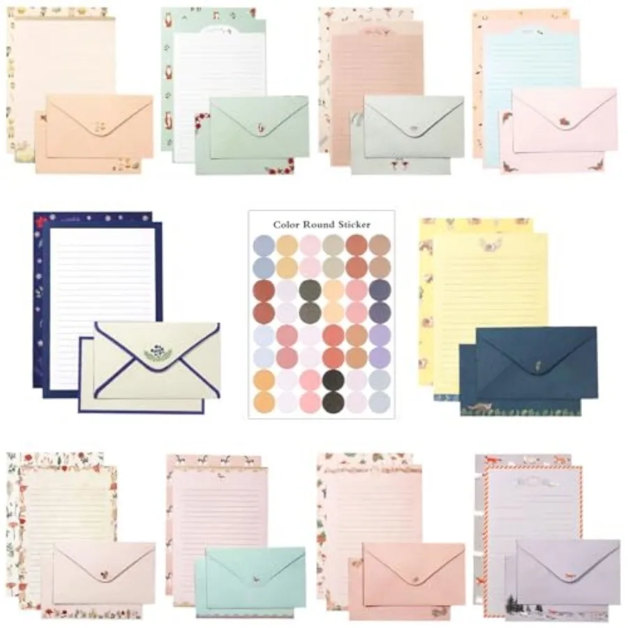 

91 Pcs Stationery Paper Envelopes Set Inudes 60 Lined Writing Paper and 30 Envelopes with 48 Colorful Round Dot Stirs Vintage L