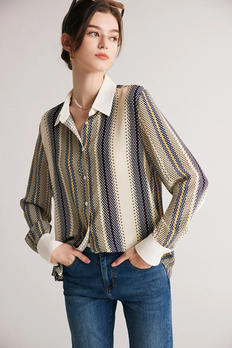 100% Natural Silk Women's Shirt Turn Down Collar Long Sleeves Printed Elegant Fashion Blouse Tops
