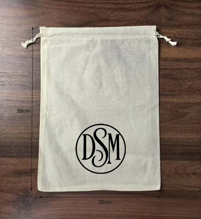

30 Pieces 25x35cm/9.9x13.8inches Natural Cotton Bags Drawstring Gift Pouches Screen Printed With Black Logo At the Bottom