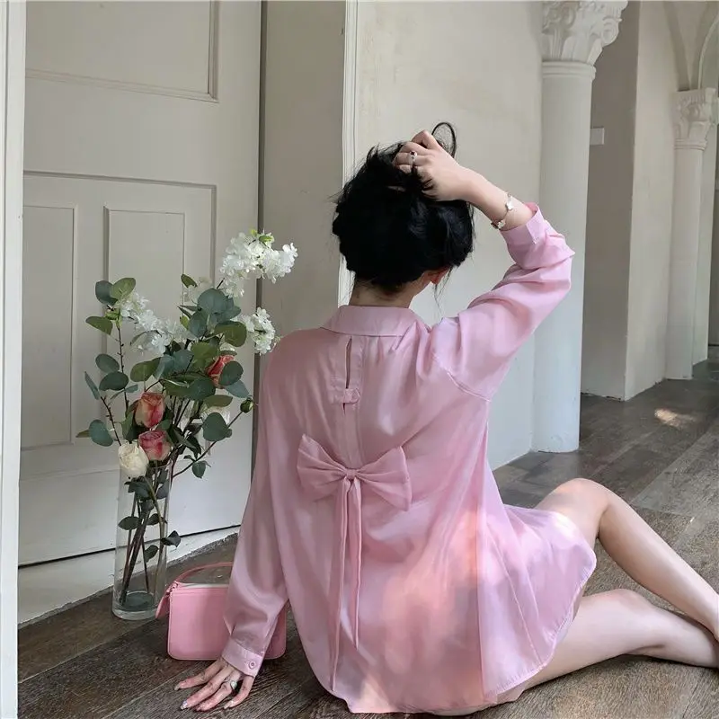 Pink White Shirt Thin Long Sleeve Sunscreen Shirt Women Fashion Bow Button Casual Vacation Beach Shirts Loose Tops Trendy New