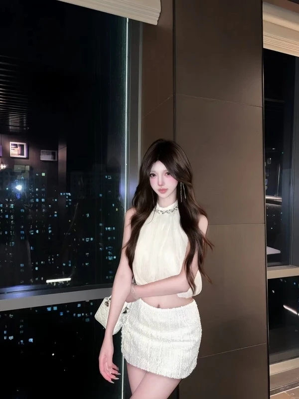 

Korean Style Fashionable Sleeveless Short Top And Skirt Set Sparkling Wrap around Design High Waist Skirt Summer Outfit