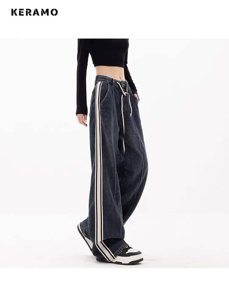 Imagem -05 - American Street Estilo Grunge Perna Larga Cintura Elástica Calças Jeans Retas Mulheres Y2k Cintura Alta Calças Jeans Baggy Sweatpants